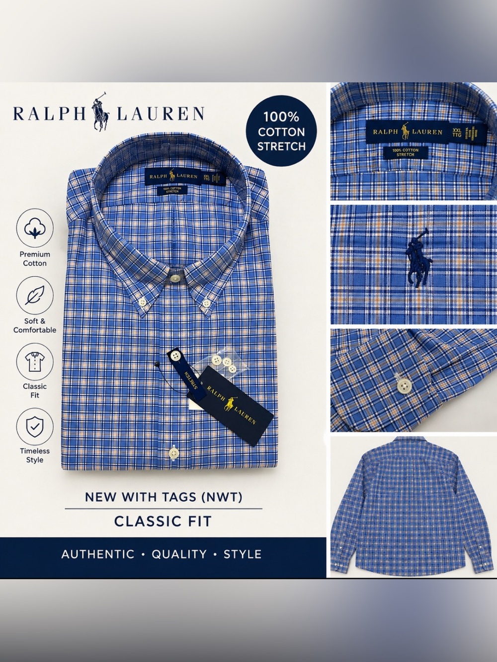 NWT Ralph Lauren Blue Plaid Button-Down Shirt XXL 100% Cotton Stretch